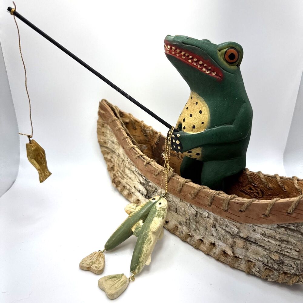 Indonesian Hand Carved Folk Art Alligator VTG Primitive Style Wood W Canoe, Fish